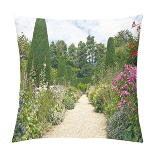 Personality  Stone Pathway Leading To A White Bench, With Cottage Colourful Flowers In Bloom On Both Sides, Shaped Conifers, Shrubs And Tall Trees In An English Garden On A Sunny Summer Day Pillow Covers