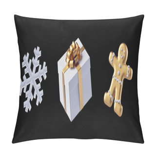 Personality  3d Render, White And Gold Christmas Ornaments, Set Of Festive Clip Art Elements Isolated On Black Background Pillow Covers