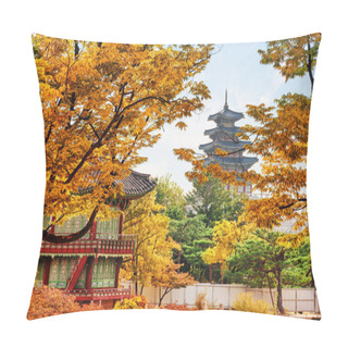 Personality  Amazing View Of Colorful Autumn Garden Of Gyeongbokgung Palace With Hyangwonjeong Pavilion In Seoul, South Korea. Beautiful Tower Of The National Folk Museum Of Korea Is Visible On Blue Sky Background Pillow Covers