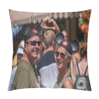Personality  Orlando, Florida. September 23, 2019. Romantic Couple Making A Heart With Their Hands At Magic Kigndom (243). Pillow Covers