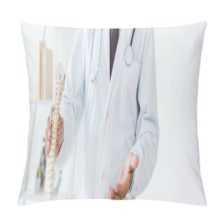 Personality  Panoramic Shot Of Doctor Gesturing While Touching Spine Model  Pillow Covers