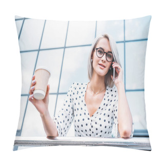 Personality  Portrait Of Attractive Businesswoman With Coffee To Go In Hand Talking On Smartphone On Street Pillow Covers