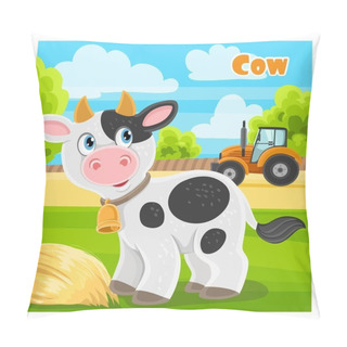 Personality  Cute Cartoon Cow On A Farm Background Pillow Covers