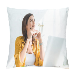 Personality  Beautiful Thoughtful Freelancer Working On Laptop In Home Office Pillow Covers