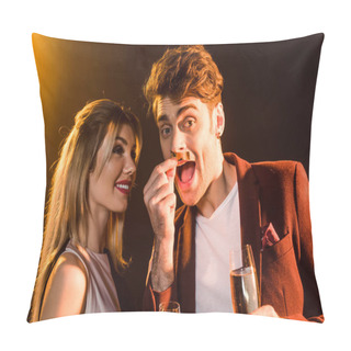 Personality  Close-up Shot Of Happy Young Couple With Champagne Having Fun During Party Under Golden Light Pillow Covers