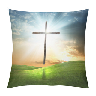 Personality  Christian Cross On Grassy Background. Pillow Covers