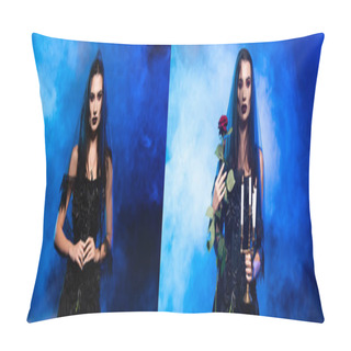Personality  Collage Of Bride In Black Dress And Veil Holding Rose And Candles On Blue With Smoke, Halloween Concept Pillow Covers