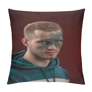 Personality  Man With Professional Horror Movie Make-up Green Lizard On Dark Red Background. Lizard Eye Pillow Covers