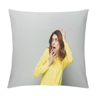 Personality  Scared Woman In Yellow Shirt Gesturing While Looking Away On Grey Pillow Covers