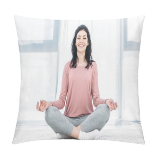 Personality  Beautiful Smiling Woman In Lotus Pose Practicing Meditation In Living Room At Home  Pillow Covers