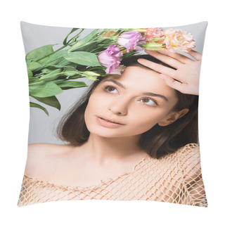 Personality  Beautiful Young Woman In Beige Mesh Posing With Bouquet Of Eustoma Flowers Isolated On Grey Pillow Covers
