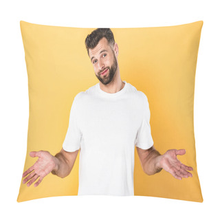 Personality  Smiling Handsome Man In White T-shirt Showing Shrug Gesture Isolated On Yellow Pillow Covers