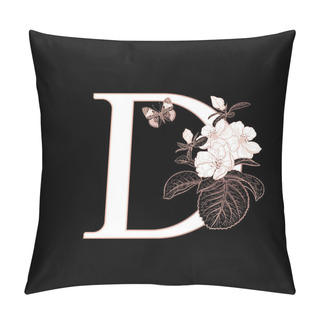 Personality  Letter D, Flowers Flowering Sakura Branches And Butterfly Isolated. Vector Decoration. Black, White And Gold. Vintage Illustration. Floral Pattern For Greetings, Wedding Invitations, Text Design. Pillow Covers