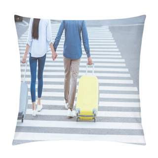 Personality  A Couple Of Tourists Crossing Pedestrian, Holding Hands And Pulling Their Luggage Pillow Covers
