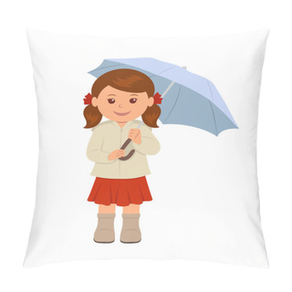 Personality  Cute Girl Under An Umbrella. Isolated Character Of A Young Woman In A Red Skirt And A Beige Jacket Under An Umbrella. Pillow Covers