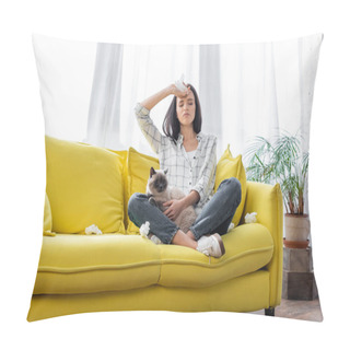 Personality  Young Allergic Woman Sitting On Sofa With Cat And Suffering From Headache Pillow Covers