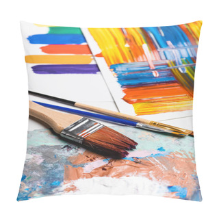 Personality  Paintbrushes And Abstract Colorful Brushstrokes On Paper On White Background Pillow Covers