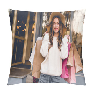 Personality  Happy Girl In Hat Smiling While Holding Shopping Bags  Pillow Covers