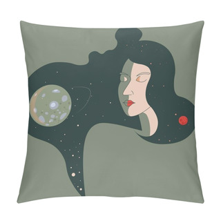 Personality  Female Portrait And Moon Planet In Cosmos Vector Pillow Covers