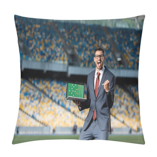 Personality  Happy Young Businessman In Suit Holding Laptop With Football Pitch And Formation On Screen And Showing Yes Gesture At Stadium Pillow Covers