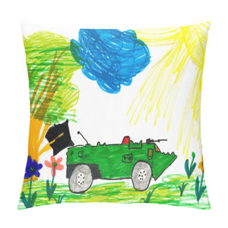 Personality  Military Tank In The Meadow. Child Drawing. Pillow Covers