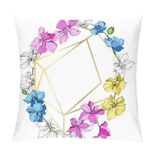 Personality  Pink, Blue And Yellow Orchid Flowers. Engraved Ink Art. Frame Golden Crystal. Geometric Crystal Stone Polyhedron Mosaic Shape. Pillow Covers