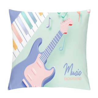 Personality  Electric Guitar With Music Notes, Song, Melody Or Tune 3d Realistic Vector Icon For Musical Apps And Websites Background Vector Illustration Pillow Covers