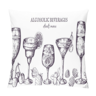 Personality  Hand Drawn Cocktails. Vintage Alcoholic Menu Sketch, Liquor Beverages And Lemonades. Vector Isolated Tropical Bar Drinks In Line Pillow Covers