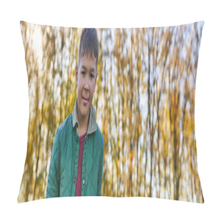 Personality  Happy African American Boy In Outerwear Looking At Camera In Autumn Park, Fall Season, Banner Pillow Covers