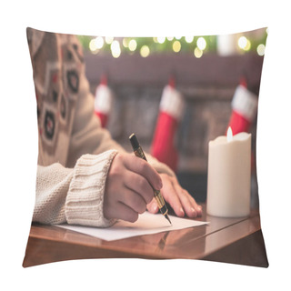 Personality  Woman Writing Letter To Santa Claus Using Fountain Pen On Sheet Of Paper At Christmas Fireplace With Decoration Of Light Bulbs And Candle On Table. Pillow Covers