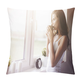 Personality  Young Woman Drinking Coffee Pillow Covers