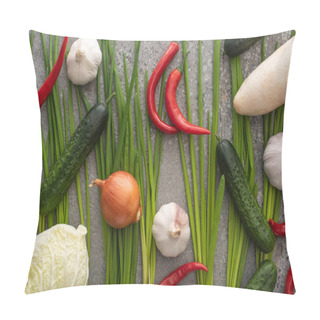 Personality  Top View Of Chili Peppers, Onion, Cucumbers, Garlic, Chinese Cabbage And Green Onions On Grey Concrete Background Pillow Covers