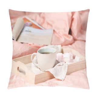 Personality  A Tray With A Cup Of Hot Tea Love Letter And Magazines In Bed Pillow Covers