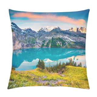 Personality  Colorful Summer Sunrise On The Unique Oeschinensee Lake. Splendid Morning Scene In The Swiss Alps With Bluemlisalp Mountain, Kandersteg Village Location, Switzerland, Europe. Pillow Covers