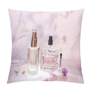 Personality  Perfume Bottle On A Light Pink Floral Background. Selective Focus. Perfumery Collection, Cosmetics. Pillow Covers
