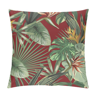 Personality  Exotic Strelitzia, Bird Of Paradise Flowers And Tropical Palm, Banana, Monstera Green Leaves Seamless Vector Pattern On Red Background. Beach Creative Wallpaper Pillow Covers