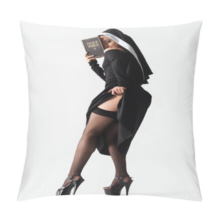Personality  Happy Passionate Nun In Black Dress And Stockings Reading Bible On Grey Pillow Covers