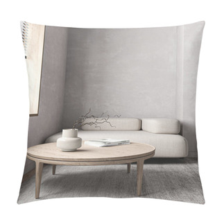 Personality  Modern Gray Livingroom With Sofa In Niche And Window Background. Light Modern Japanese Nature View. 3d Rendering. High Quality 3d Illustration. Pillow Covers