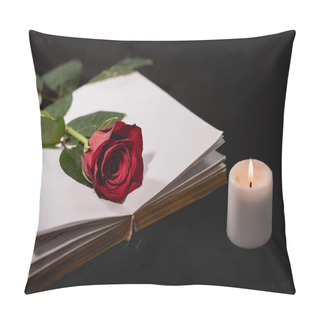 Personality  Red Rose On Holy Bible Near Candle On Black Background, Funeral Concept Pillow Covers