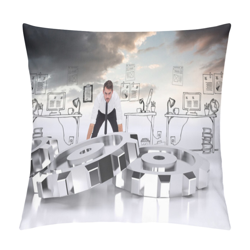 Personality  businessman lifting up something heavy pillow covers