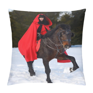 Personality  Beautiful Woman With Red Cloak With Horse Outdoor In Winter Pillow Covers