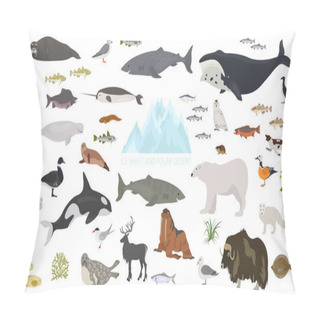 Personality  Ice Sheet And Polar Desert Biome. Terrestrial Ecosystem World Map. Arctic Animals, Birds, Fish And Plants Infographic Design. Vector Illustration Pillow Covers