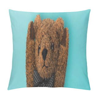 Personality  Top View Of Brown Teddy Bear On Blue Background, Panoramic Shot Pillow Covers