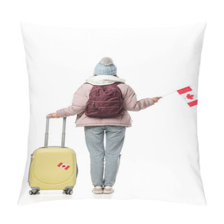 Personality  Back View Of Female Student In Winter Clothes With Suitcase And Canadian Flag Isolated On White, Studying Abroad Concept Pillow Covers
