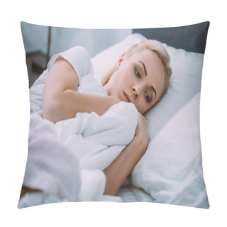 Personality  Selective Focus Of Upset Woman Holding Blanket While Lying In Bed At Home Pillow Covers