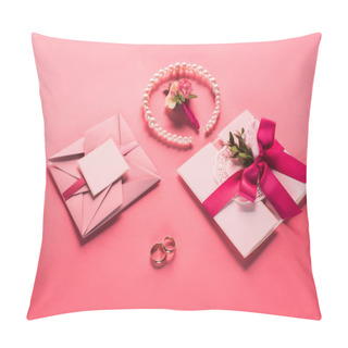 Personality  Wedding Rings, Pearl Necklace, Boutonniere And Pink Envelopes With Invitations On Pink Surface Pillow Covers