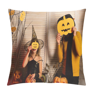 Personality  Small Girl And Father Wear Halloween Masks. Small Girl And Father Cover Faces With Pumpkin Heads. Spooky Style. Join Us If You Dare For A Halloween Scare Pillow Covers