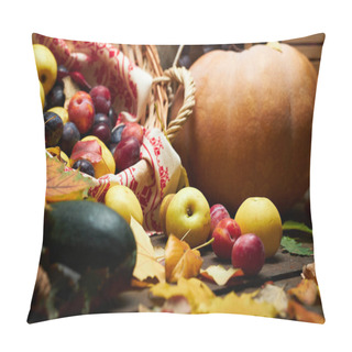 Personality  Autumn Still Life In Rustic Style As A Background - Leaves, Vegetables And Fruits, Nuts And Other Natural Food Ingredients On Wooden Boards Pillow Covers