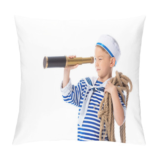 Personality  Focused Preschooler Child In Sailor Costume Looking In Spyglass And Holding Rope Isolated On White Pillow Covers