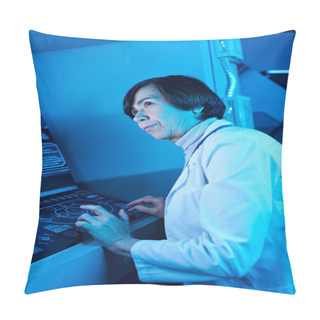 Personality  Futuristic Expertise: Senior Woman Scientist Engaged Near Computer In Future Science Center Pillow Covers